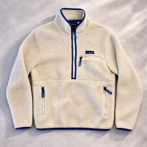 Women’s Patagonia Retro Pile Marsupial Cream Fleece Sweater with Blue Accents